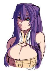 Rule 34 | 1girl, arms behind back, bad id, bad tumblr id, bare shoulders, black sclera, blue eyes, breasts, cleavage, colored sclera, eyebrows, eyelashes, hairpods, large breasts, long hair, nose, nyx (orbis terra), orbis terra, original, purple hair, ribbed sweater, saane, sleeveless, slit pupils, smile, solo, sweater, thick eyebrows