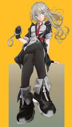 Rule 34 | 1girl, arm support, bad id, bad pixiv id, black footwear, black gloves, black jacket, black pantyhose, blue eyes, breasts, closed mouth, crossed legs, cuffs, fingerless gloves, floating hair, foreshortening, full body, gloves, hair between eyes, handcuffs, highres, jacket, long hair, looking at viewer, medium breasts, necktie, open clothes, open jacket, original, pantyhose, red necktie, shirt, shoes, silver hair, sitting, smile, solo, swav, tosk (swav-coco), white shirt, yellow background