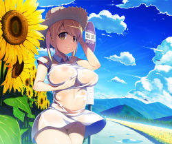 Rule 34 | 1girl, breasts, brown eyes, brown hair, bus stop, covered erect nipples, day, dress, exhibitionism, flower, hat, kanisaka, large breasts, nipples, original, outdoors, public indecency, see-through, smile, solo, straw hat, sundress, sunflower, twintails, wet, wet clothes