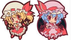 Rule 34 | 2girls, ascot, blue hair, blush stickers, bow, crystal, female focus, flandre scarlet, hat, hat ribbon, lumine (2339), multiple girls, open mouth, polearm, puffy sleeves, red eyes, remilia scarlet, ribbon, short hair, short sleeves, siblings, side ponytail, sisters, spear, spear the gungnir, touhou, weapon, wings, wrist cuffs