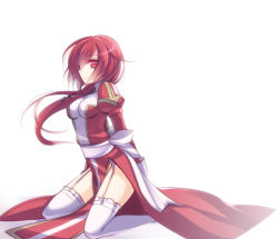 Rule 34 | 1girl, bow, commentary request, dress, full body, garter straps, high priest (ragnarok online), juliet sleeves, kneeling, long hair, long sleeves, looking at viewer, looking to the side, puffy sleeves, ragnarok online, red dress, red eyes, red hair, sanom, sash, simple background, solo, thighhighs, two-tone dress, white background, white bow, white dress, white sash, white thighhighs