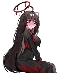 Rule 34 | 1girl, black dress, black hair, blood, blood on clothes, blue archive, blush, breasts, closed mouth, dress, full-face blush, halo, highres, large breasts, long hair, long sleeves, melting halo, messy hair, no wings, ppoyu, red eyes, ribbed sweater, simple background, solo, sweater, tsurugi (blue archive), turtleneck, turtleneck sweater, very long hair, wavy mouth, white background