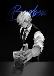 Rule 34 | 1boy, absurdres, alcohol, amuro tooru, black background, blue eyes, blurry, character name, chitose (chitose 70207), closed mouth, collared shirt, commentary request, depth of field, fingernails, glass, hair between eyes, hair over one eye, highres, ice, ice cube, looking at viewer, male focus, meitantei conan, monochrome, necktie, shadow, shirt, short hair, simple background, sleeves rolled up, smile, solo, spot color, upper body, vest