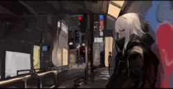 Rule 34 | 1girl, blue eyes, city, coat, fate/grand order, fate (series), hairband, highres, mary read (fate), night, profile, scar, scar on face, solo, traffic light, white hair, yorurokujuu