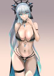 Rule 34 | 1girl, absurdres, arm behind back, bare shoulders, bikini, black bikini, black bow, blue eyes, blue hair, bow, breasts, cleavage, closed mouth, collarbone, dot nose, fate/grand order, fate (series), fujibori, gem, gradient background, grey hair, hair bow, hand up, highres, jewelry, large breasts, long hair, looking at viewer, morgan le fay (fate), multicolored hair, navel, sagging breasts, simple background, solo, split mouth, streaked hair, swimsuit, thigh gap, thigh strap, v-shaped eyebrows