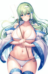 Rule 34 | 1girl, :o, bare shoulders, bikini, blue eyes, breasts, cleavage, collarbone, commentary request, cowboy shot, detached sleeves, duplicate, frog hair ornament, gohei, green hair, hair ornament, highres, holding, holding gohei, japanese clothes, kochiya sanae, large breasts, liya, long hair, looking at viewer, nontraditional miko, open mouth, pixel-perfect duplicate, simple background, solo, standing, swimsuit, thighhighs, thighs, touhou, underboob, white background, white bikini, white sleeves, white thighhighs, wide hips, wide sleeves