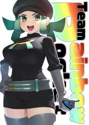 Rule 34 | 1girl, :d, absurdres, alternate breast size, belt, black dress, black hat, boots, breasts, character name, commentary request, cowboy shot, creatures (company), dress, game freak, gloves, great ball, green eyes, green hair, grey belt, grey footwear, grey gloves, hand on own hip, hat, highres, holding, holding poke ball, large breasts, logo, long hair, looking at viewer, nintendo, open mouth, poke ball, pokemon, pokemon usum, smile, solo, team rainbow rocket, team rainbow rocket grunt, teeth, thigh boots, tongue, upper teeth only, white background, xin lan deng