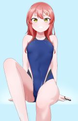 Rule 34 | 1girl, absurdres, bare arms, bare legs, blue background, blue one-piece swimsuit, blush, breasts, collarbone, competition swimsuit, covered navel, grin, hair ornament, hairclip, highres, invisible chair, kamidan, long hair, looking at viewer, one-piece swimsuit, original, red hair, sitting, small breasts, smile, solo, straight hair, swimsuit, wet, yellow eyes