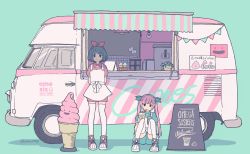 Rule 34 | 2girls, absurdres, apron, aqua background, black eyes, blue hair, collared shirt, copyright name, cup, drinking, drinking straw, food, food truck, highres, holding, holding cup, holding phone, ice cream, ice cream cone, long hair, looking at viewer, multiple girls, no nose, omega ray, omega rio, omega sisters, phone, pink hair, plant, potted plant, puffy short sleeves, puffy sleeves, shirt, short hair, short sleeves, shorts, sign, simple background, sitting, smr omg, standing, twintails, virtual youtuber