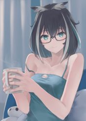 Rule 34 | 1girl, nanashi inc., animare, aqua eyes, atsushima, bare arms, bare shoulders, baymax, black hair, breasts, camisole, character doll, collarbone, cup, glasses, hair between eyes, holding, holding cup, looking at viewer, medium breasts, medium hair, multicolored hair, oura rukako, semi-rimless eyewear, smile, solo, spaghetti strap, steam, strap slip, streaked hair, upper body, virtual youtuber, white hair
