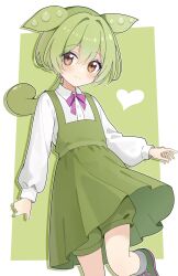 Rule 34 | 1girl, absurdres, blush, bow, bowtie, brown eyes, closed mouth, collared shirt, dress, earrings, edamame, foot out of frame, green dress, green footwear, green hair, green shorts, green theme, heart, highres, jewelry, long hair, long sleeves, looking at viewer, low ponytail, odorukaminoke, pea pod, pink bow, pink bowtie, puffy shorts, puffy sleeves, shirt, shorts, simple background, smile, solo, standing, standing on one leg, voicevox, white shirt, zundamon