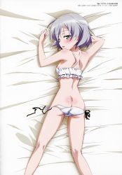 Rule 34 | 1girl, absurdres, ass, back, bare shoulders, blush, bra, breasts, butt crack, dakimakura (medium), from behind, green eyes, highres, kneepits, lingerie, looking at viewer, looking back, lying, medium breasts, official art, on stomach, open mouth, panties, sanya v. litvyak, shiny skin, shiraishi kouta, short hair, shoulder blades, side-tie panties, sideboob, silver hair, smile, solo, strike witches, underwear, underwear only, white bra, white panties, world witches series, yamamoto shuuhei