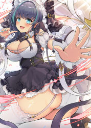 Rule 34 | 1girl, absurdres, animal ears, aqua eyes, ass, azur lane, black hair, blue nails, breasts, cheshire (azur lane), cleavage, detached sleeves, dress, fang, frills, hairband, high heels, highres, large breasts, looking at viewer, maid, maid headdress, multicolored hair, nail polish, outstretched arm, panties, pantyshot, pointing, pointing at self, ribbon, skin fang, smile, solo, streaked hair, thighhighs, underwear, white panties, white thighhighs, wrist cuffs, yashita saki