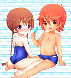 Rule 34 | 1boy, 1girl, ass, bad feet, blue jammers, blue male swimwear, blue one-piece swimsuit, blue school swimsuit, blush, braid, brown eyes, child, competition school swimsuit, feet, flat chest, hair between eyes, hair ornament, hairclip, highres, holding, jammers, long hair, looking at viewer, looking back, male school swimsuit, male swimwear, nipples, one-piece swimsuit, one eye closed, open mouth, original, parted lips, school swimsuit, shinpe, shoulder blush, sitting, soles, striped, striped background, swimsuit, teeth, twin braids, upper teeth only, wariza, wedgie