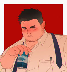 Rule 34 | 1boy, :/, beer can, black eyes, black hair, blush, can, casual, drink can, fat, fat man, highres, looking at viewer, lovesheng1314, male focus, necktie, original, partially unbuttoned, pen, portrait, realistic, short hair, solo, thick eyebrows, undercut, unworn necktie, upper body
