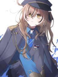 Rule 34 | 1girl, absurdres, ahoge, alternate costume, black choker, black hair, black ribbon, blue necktie, blue shirt, brown eyes, brown hair, choker, coat, collar tabs, expressionless, hair between eyes, hair ribbon, hat, highres, hololive, hololive english, huge ahoge, long sleeves, military coat, military hat, military uniform, nanashi mumei, necktie, official alternate hairstyle, one side up, open clothes, open coat, ribbon, shirt, solo, uniform, xx tk9