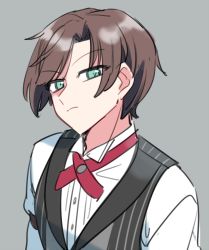 Rule 34 | 1boy, blue eyes, bow, bowtie, brown hair, closed mouth, formal, frown, grey background, kashii kaoru, looking at viewer, mahjong soul, male focus, red bow, red bowtie, shinomiya natsuki (mahjong soul), shirt, short hair, sketch, solo, vest, white shirt