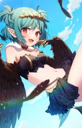 Rule 34 | 1girl, :d, black feathers, black skirt, black wings, blue sky, blush, breasts, cleavage, cloud, commission, day, fang, feathered wings, feathers, green hair, harpy, hazakura chikori, highres, indie virtual youtuber, lincoro, looking at viewer, monster girl, navel, open mouth, outdoors, pointy ears, red eyes, skirt, sky, small breasts, smile, solo, two side up, virtual youtuber, winged arms, wings