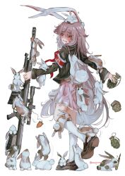 Rule 34 | 1girl, ?, absurdres, animal ears, anti-materiel rifle, armband, artist name, barrett m82, black jacket, bullet, carrot charm, climbing, gun, highres, jacket, long hair, mk2 (grenade), muzzle device, pink skirt, rabbit, rabbit ears, rabbit girl, red armband, reisen udongein inaba, rifle, scope, skirt, sniper rifle, solo, touhou, very long hair, weapon, white armband, white background, wwparasi, zzz