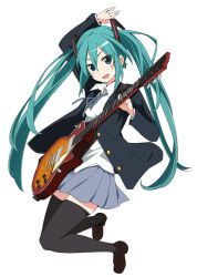 Rule 34 | 1girl, aqua eyes, aqua hair, blazer, cosplay, guitar, hatsune miku, instrument, ixy, jacket, jumping, k-on!, long hair, nakano azusa, nakano azusa (cosplay), open mouth, parody, simple background, skirt, solo, style parody, thighhighs, twintails, very long hair, vocaloid