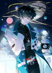 Rule 34 | 1boy, belt, bishounen, black gloves, black hair, black sweater, coat, coffee cup, cowboy shot, cup, dan heng (honkai: star rail), disposable cup, eyeliner, gloves, green eyes, highres, holding, holding cup, honkai: star rail, honkai (series), jewelry, looking at viewer, male focus, necklace, red eyeliner, ring, short hair, sialou, solo, sweater, white coat