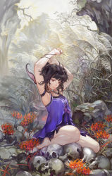 Rule 34 | 1girl, arms up, barefoot, black hair, brown eyes, ching nu yu hun, ching nu yu hun 2, dress, flower, highres, noir (ibaraki), outdoors, parted lips, short hair, sitting, skull, sleeveless, solo, spider lily, string, tree, twintails