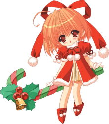 Rule 34 | 1girl, ahoge, bell, blush, candy, candy cane, chibi, christmas, food, gloves, holding, holding candy, holding candy cane, holding food, holly, looking at viewer, moldavite, red eyes, santa costume, short hair, short sleeves, simple background, solo, stella arista, white background