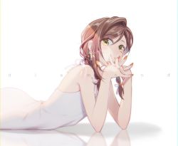 Rule 34 | 1girl, brown hair, cccgs5, earrings, green eyes, jewelry, long hair, looking at viewer, lying, nail polish, on stomach, open mouth, orange nails, rosa (tears of themis), shirt, simple background, sleeveless, sleeveless shirt, solo, tears of themis, white background, white shirt