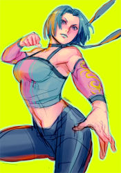 Rule 34 | 1girl, bare shoulders, blue hair, breasts, character request, choker, clenched hand, detached sleeves, green lips, large breasts, lipstick, makeup, navel, pants, purple eyes, rejean dubois, ribbon choker, short hair, sketch, solo, tank top
