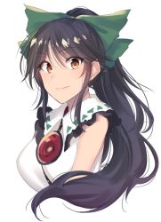 Rule 34 | 1girl, adapted costume, alternate hairstyle, asa (coco), bare shoulders, blush, breasts, brown eyes, commentary request, cropped torso, frilled shirt collar, frills, green hair, hair between eyes, large breasts, long hair, looking at viewer, one-hour drawing challenge, ponytail, reiuji utsuho, shirt, sidelocks, signature, simple background, sleeveless, sleeveless shirt, smile, solo, touhou, upper body, white background, white shirt