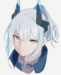 Rule 34 | arknights, brown eyes, closed mouth, cropped shoulders, grey background, grey hair, grey sweater, high collar, highres, horns, liskarm (arknights), looking at viewer, ponytail, portrait, ribbed sweater, simple background, sweater, tetuw, turtleneck, turtleneck sweater