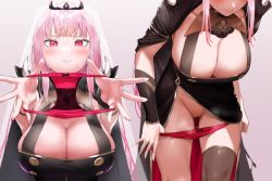 Rule 34 | 1girl, absurdres, bar censor, black cloak, black dress, blush, bracer, breasts, brown thighhighs, censored, cleft of venus, clenched teeth, cloak, dress, highres, holding, holding clothes, holding panties, holding underwear, hololive, hololive english, huge breasts, kuroi suna, large breasts, long hair, looking at viewer, mori calliope, multiple views, outstretched arms, panties, unworn panties, panty focus, panty pull, pink hair, presenting removed panties, pulled by self, pussy, pussy juice, pussy juice stain, red eyes, red panties, simple background, single thighhigh, sleeveless, sleeveless dress, teeth, thighhighs, underwear, veil, very long hair, virtual youtuber