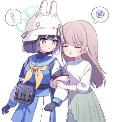 Rule 34 | !, 2girls, animal ears, animal ears helmet, belt pouch, black gloves, blue archive, blue eyes, blue sailor collar, blue shirt, blue skirt, blush, closed eyes, closed mouth, combat helmet, commentary, fake animal ears, female sensei (blue archive), gloves, grabbing another&#039;s arm, green skirt, grey hair, halo, hard hat, helmet, highres, hyakucha, long hair, long sleeves, looking at another, multicolored clothes, multicolored skirt, multiple girls, neckerchief, pleated skirt, pouch, pout, purple hair, rabbit ears, raglan sleeves, sailor collar, saki (blue archive), school uniform, sensei (blue archive), serafuku, shirt, short hair, simple background, skirt, sleeves rolled up, spoken exclamation mark, spoken squiggle, squiggle, tactical clothes, turtleneck, upper body, white background, white headwear, white shirt, yellow halo, yellow neckerchief