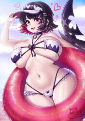 1girl :d bare_shoulders bikini black_choker black_hair breasts choker commentary ellen_joe english_commentary hair_ornament hairclip hand_up highres innertube large_breasts looking_at_viewer navel open_mouth pink_eyes sevie sharp_teeth short_hair smile solo stomach swim_ring swimsuit teeth visor_cap zenless_zone_zero