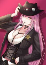 Rule 34 | 1girl, black hat, breasts, cleavage, collared shirt, cowboy hat, hat, highres, hololive, hololive english, large breasts, long hair, looking at viewer, mori calliope, mori calliope (sheriff), open mouth, pink background, pink eyes, pink hair, sheriff, sheriff badge, shirt, solo, takodragonn, virtual youtuber
