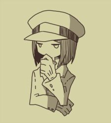 Rule 34 | 1boy, gloves, hand to own mouth, looking away, lowres, male focus, moka (1339), monochrome, older (game), simple background, solo, takashi (older), thinking, upper body