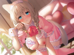 Rule 34 | 1girl, animal ears, aqua eyes, bell, bra, bra lift, braid, breasts, brown hair, cat ears, cat girl, cat tail, cleavage, clothes lift, collared dress, couch, dress, dress lift, dutch angle, embarrassed, frilled bra, frilled dress, frilled sleeves, frills, hair bell, hair ornament, heart, heart-shaped pillow, highres, indoors, kneeling, large breasts, looking at viewer, maid headdress, medium hair, navy (navy.blue), nipples, non-web source, original, parted lips, paw pose, pillow, pink bra, pink dress, pink neckwear, short sleeves, solo, sunlight, tail, thigh strap, twin braids, twintails, underwear, window, wrist cuffs