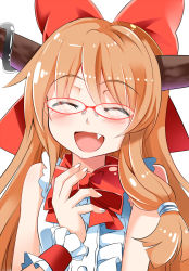 Rule 34 | 1girl, :d, ^ ^, bespectacled, blush, bow, bowtie, closed eyes, e.o., closed eyes, fang, glasses, hand on own chest, happy, highres, horn ornament, horn ribbon, horns, ibuki suika, laughing, long hair, open mouth, orange hair, ribbon, shirt, sleeveless, sleeveless shirt, smile, solo, touhou, upper body, wrist cuffs