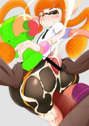 Rule 34 | 1girl, apamutamamootekoi, ass, bar censor, bike shorts, blush, buttjob, buttjob over clothes, censored, cum, cum on clothes, facial, highres, huge ass, inkling player character, looking back, nintendo, one eye closed, open mouth, penis, pointless censoring, pointy ears, pov, shiny clothes, shiny skin, splatoon (series), sweatdrop, tongue