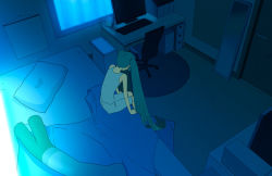 Rule 34 | 1girl, arm support, bad id, bad pixiv id, bare shoulders, bed, body pillow, capri pants, chair, computer, dakimakura (object), from above, from behind, green hair, hatsune miku, keyboard (computer), long hair, monitor, office chair, pants, pillow, room, sitting, solo, spring onion, swivel chair, table, tank top, twintails, very long hair, vocaloid, yuanmaru
