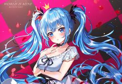 Rule 34 | 1girl, bad id, bad pixiv id, black ribbon, blue eyes, blue hair, blush, breasts, character name, checkered background, choker, cleavage, collarbone, copyright name, dress, floating hair, hair ornament, hatsune miku, long hair, looking at viewer, medium breasts, petals, ribbon, ribbon choker, short sleeves, solo, song name, taru 7252, twintails, upper body, very long hair, vocaloid, white dress, world is mine (vocaloid)