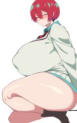 alternate_breast_size amate_yuzuriha blush breasts chamchami green_eyes gundam gundam_gquuuuuux highres huge_breasts looking_at_viewer necktie red_hair shiny_skin short_hair simple_background skirt sweater thick_thighs thighs white_background