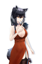 Rule 34 | 1girl, absurdres, alternate costume, animal ear fluff, animal ears, arknights, bare arms, bare shoulders, black choker, black hair, black thighhighs, breasts, brown eyes, choker, cleavage, commentary request, cowboy shot, dress, food, food in mouth, garter straps, hair between eyes, hand up, highres, index finger raised, large breasts, long hair, looking at viewer, mouth hold, pocky, ponytail, red dress, sarea (sarea2020), side slit, sidelocks, simple background, sleeveless, sleeveless dress, solo, standing, tail, texas (arknights), thighhighs, white background, wolf ears, wolf tail