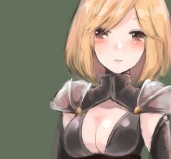 Rule 34 | 10s, 1girl, bad id, bad twitter id, blonde hair, blush, breasts, brown eyes, cleavage, djeeta (granblue fantasy), granblue fantasy, green background, looking at viewer, marksman (granblue fantasy), parted lips, sherad, short hair, shoulder pads, simple background, solo, upper body