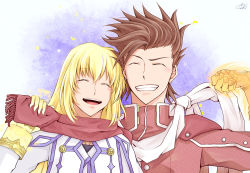 Rule 34 | 1boy, 1girl, aiki hiwa, bad id, bad pixiv id, blonde hair, blush, brown hair, closed eyes, closed mouth, colette brunel, jewelry, lloyd irving, long hair, necklace, open mouth, red shirt, scarf, shirt, short hair, smile, tales of (series), tales of symphonia