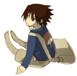Rule 34 | 1boy, artist request, bag, crest, family crest, full body, lowres, male focus, naruto, naruto (series), simple background, sitting, solo, uchiha sasuke, white background