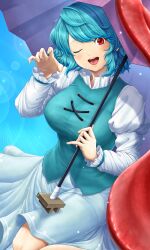 1girl absurdres aqua_hair aqua_vest breasts claw_pose hand_up highres holding holding_umbrella large_breasts long_sleeves looking_at_viewer one_eye_closed open_mouth parasite_oyatsu puffy_sleeves purple_umbrella red_eyes shirt short_hair smile solo tatara_kogasa touhou umbrella white_shirt