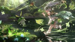 Rule 34 | 1girl, absurdres, aranara (genshin impact), bug, butterfly, cape, closed eyes, day, detached sleeves, dress, floating hair, forest, from side, full body, genshin impact, green hair, grey hair, highres, insect, long hair, looking at another, multicolored hair, musical note, nahida (genshin impact), nature, niwaka (niwaka byakko), open mouth, outdoors, reflection, reflective water, ripples, running, side ponytail, smile, sunlight, teeth, toeless footwear, very long hair, water