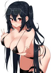 Rule 34 | 1girl, absurdres, ahoge, areola slip, azur lane, bare arms, bare shoulders, bikini, black-framed eyewear, black bikini, black choker, black hair, black thighhighs, blush, breasts, choker, cleavage, collarbone, eyewear on head, glasses, hair between eyes, highres, large breasts, leaning forward, long hair, looking at viewer, micro bikini, navel, nose blush, official alternate costume, one side up, parted lips, red eyes, sidelocks, skindentation, smile, solo, swimsuit, taihou (azur lane), taihou (enraptured companion) (azur lane), thigh strap, thighhighs, v, very long hair, w.k