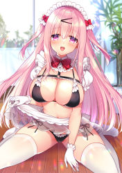 Rule 34 | 1girl, apron, apron lift, black bra, black panties, blush, bra, breasts, cleavage, clothes lift, frills, gloves, hair ornament, hairclip, highres, large breasts, long hair, looking at viewer, maid, maid headdress, navel, original, panties, pink hair, purple eyes, ringo sui, sideboob, sitting, smile, solo, thighhighs, thighs, underwear, wariza, white apron, white gloves, white thighhighs, window, wooden floor